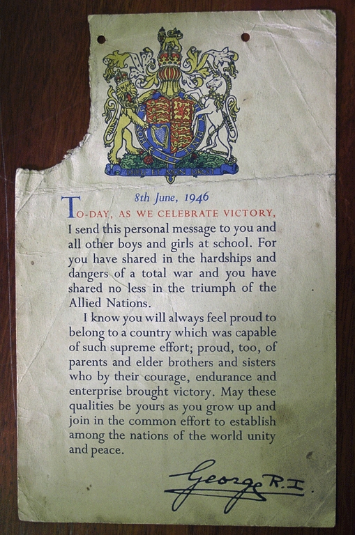 War Victory In Europe VE Day 8th June 1946 Letter From King To Children At School Including Evacuation